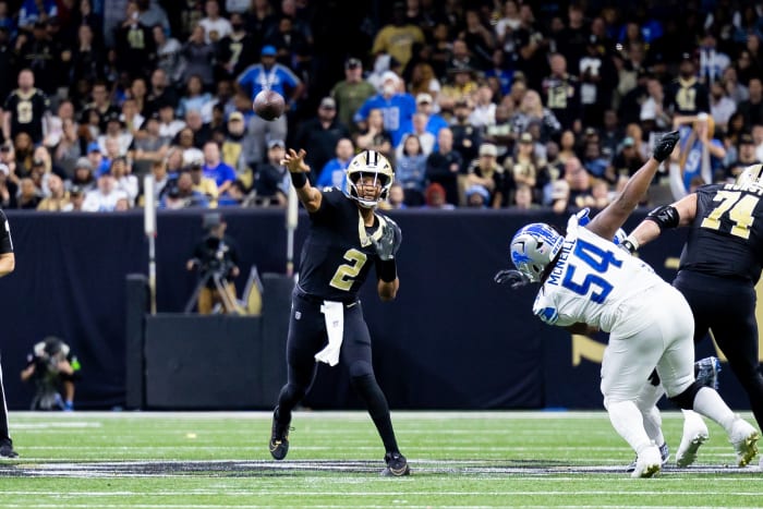 Dec 3, 2023; New Orleans, Louisiana, USA; New Orleans Saints quarterback Jameis Winston (2) passes the ball against Detroit Lions defensive tackle Alim McNeill (54) during the second half at the Caesars Superdome. Mandatory Credit: Stephen Lew-USA TODAY Sports